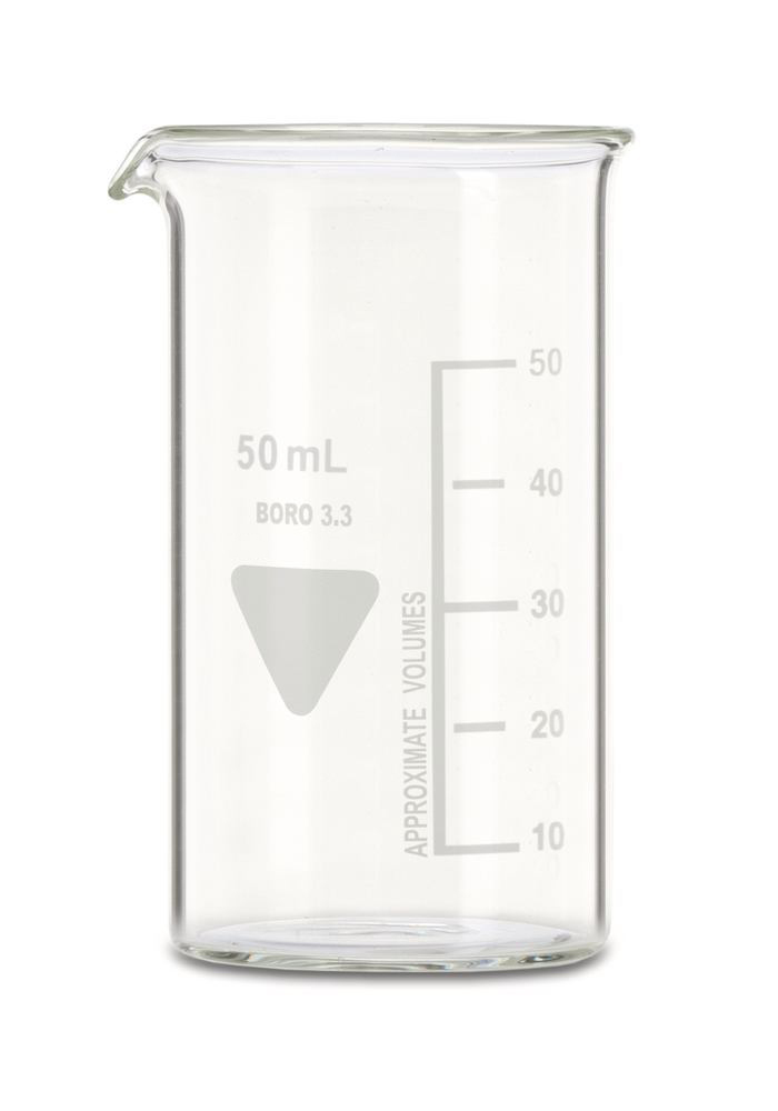 Kupite visoku laboratorijsku čašu od 50 mL. Berzelius oblik za siguran rad s malim volumenima u školi. Kvalitetno i otporno borosilikatno staklo.